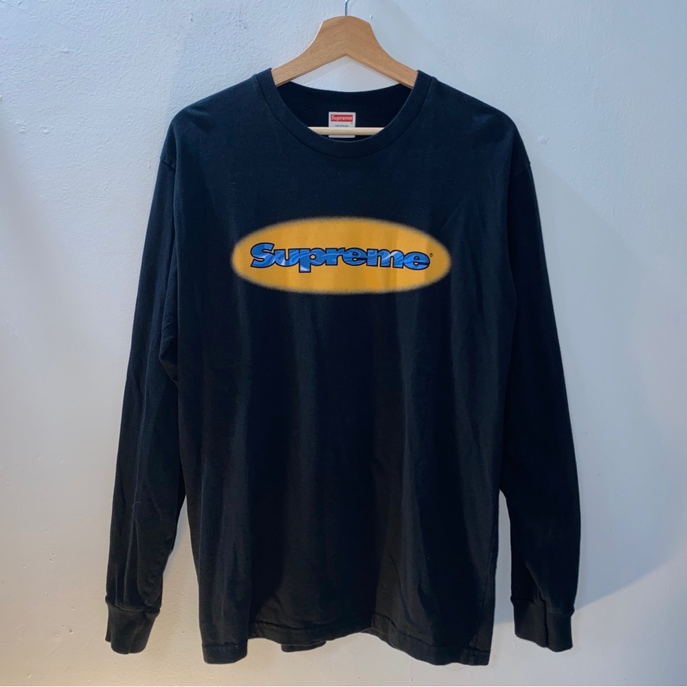 Men’s Supreme Ripple Wave Oval Logo Shirt Long Sleeve Black Cotton Size Medium